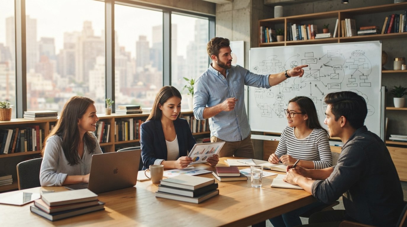 Diverse young professionals collaborate around a sunlit conference table, one woman reviewing charts on a tablet and a man…