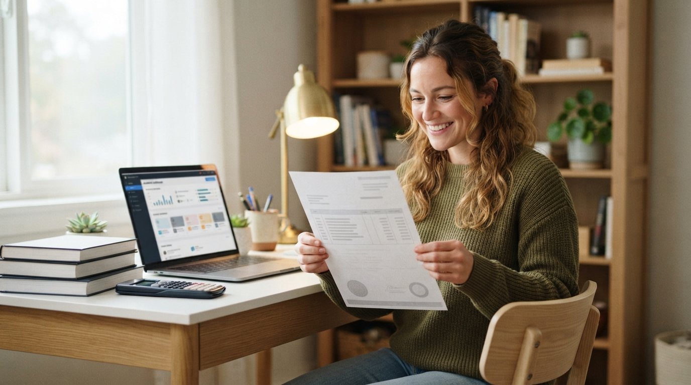 Woman in her late 20s at a home desk holding a printed transcript, smiling while looking at a laptop showing a course list