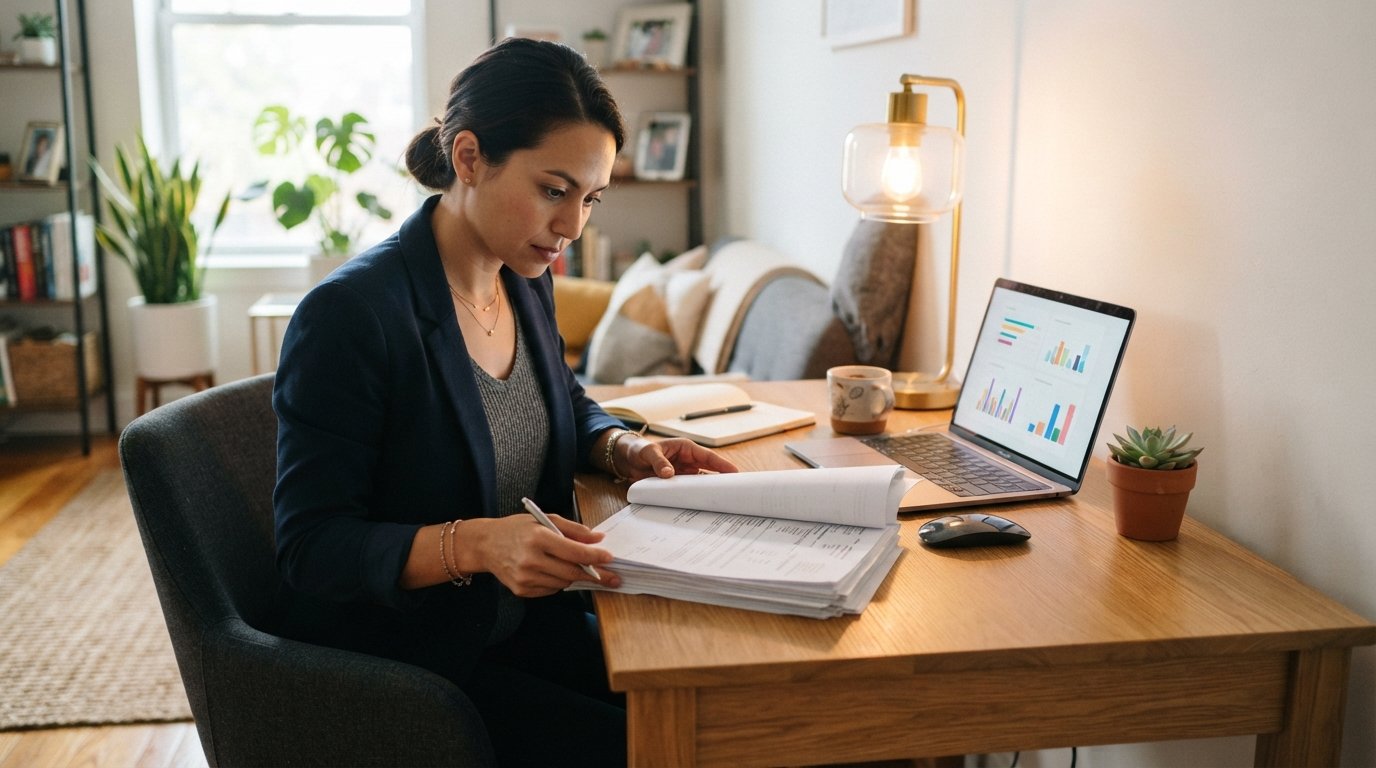 Adult student at a home desk reviewing transcript papers beside a laptop showing colorful course progress bars