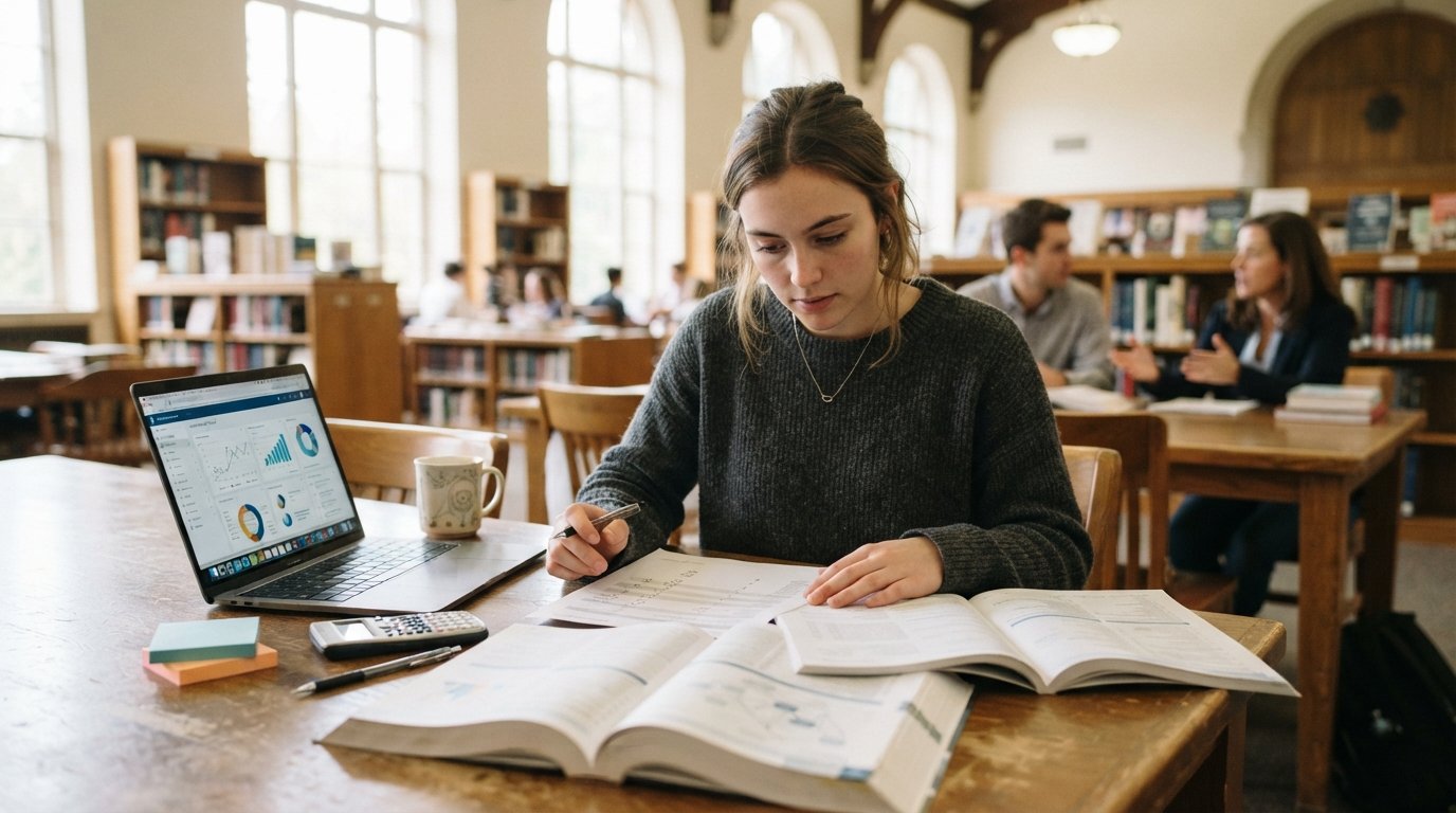 College student at a library desk comparing two printed course catalogs beside a transcript, laptop, calculator, and coffee…