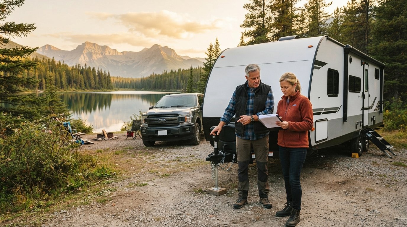 Middle-aged couple beside a white and gray travel trailer at a lakeside campsite, man pointing at the hitch while woman…
