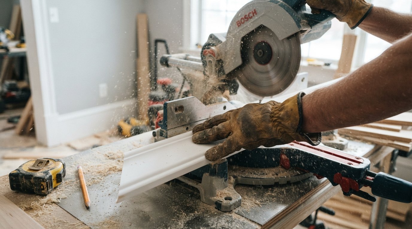 Carpenter in leather glove cutting white crown molding on a compound miter saw, with wood shavings and measuring tape nearby