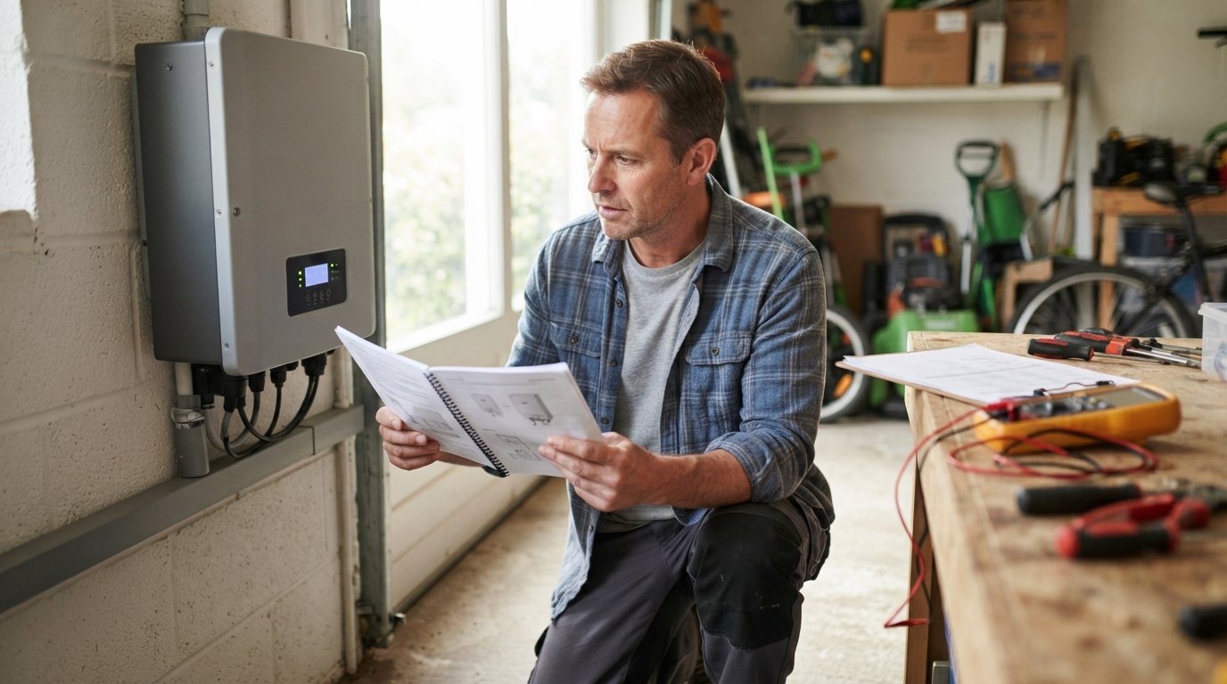 Homeowner kneeling beside a wall-mounted solar inverter in a garage, holding a manual and checking the display panel