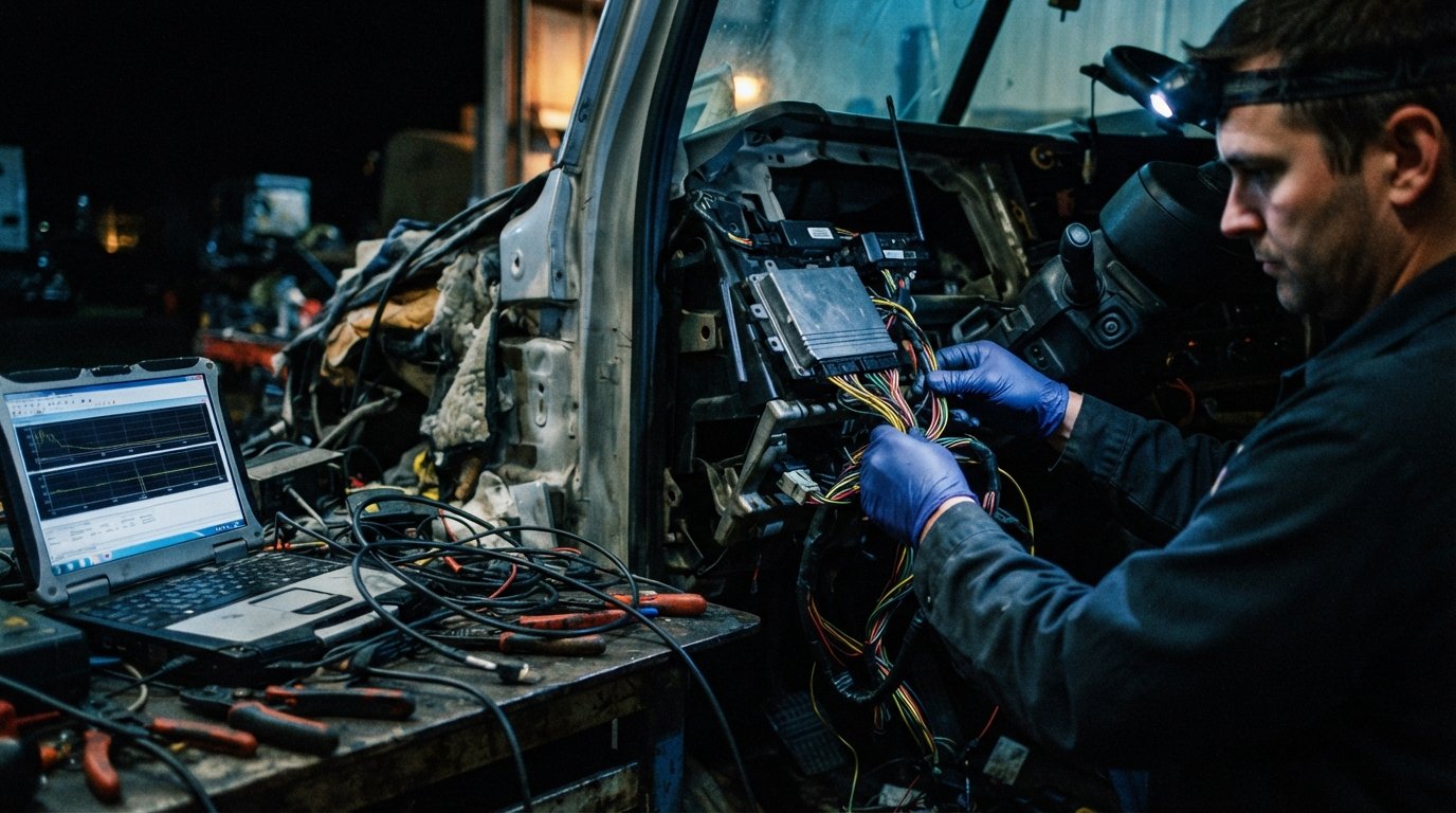 Gloved hands inspect a semi-truck electronic control module and telematics wiring harness beside a laptop showing data…