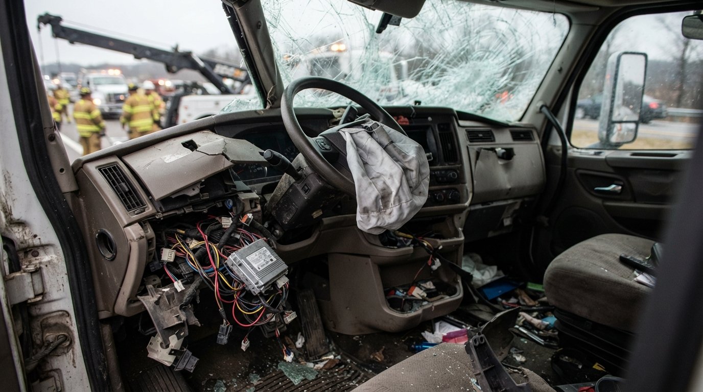 Cracked dashboard and deployed airbag inside a damaged semi-truck cab, with an exposed electronic data recorder module and…