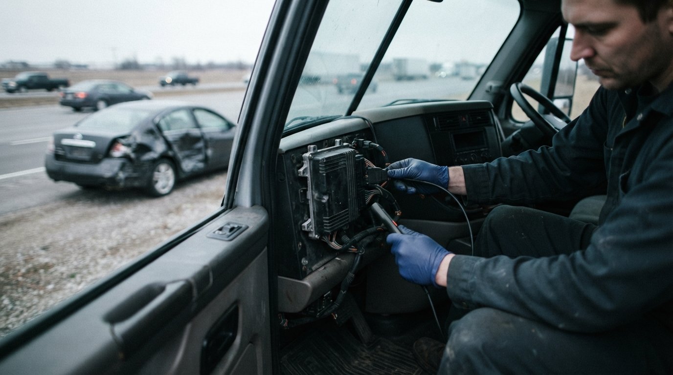 Gloved hands use a diagnostic tool on a semi-truck's electronic control module inside the cab, with a damaged car visible…