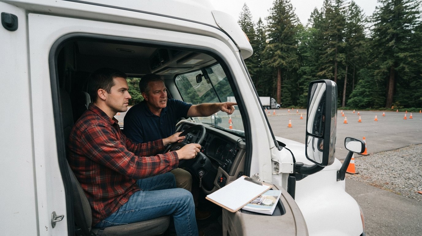 Student in a plaid shirt at the wheel of a white semi-truck while an instructor in a navy polo points toward the side…
