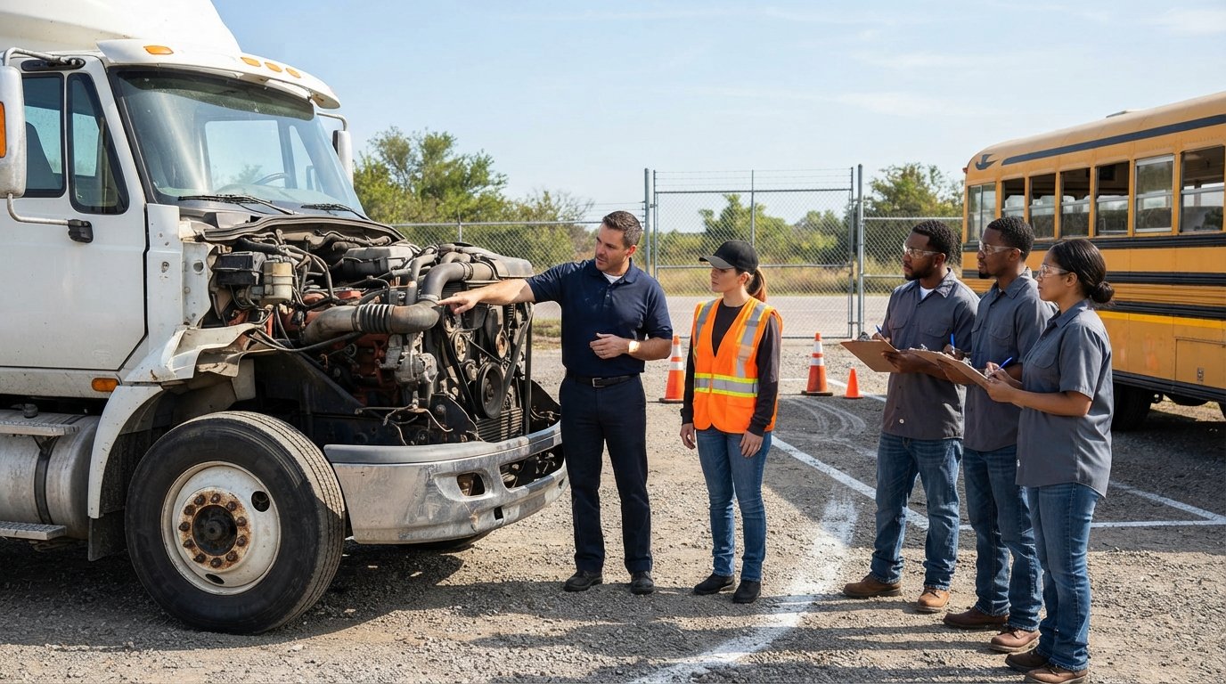 CDL students in a training yard watch an instructor point out engine parts on an open semi-truck hood beside a yellow…