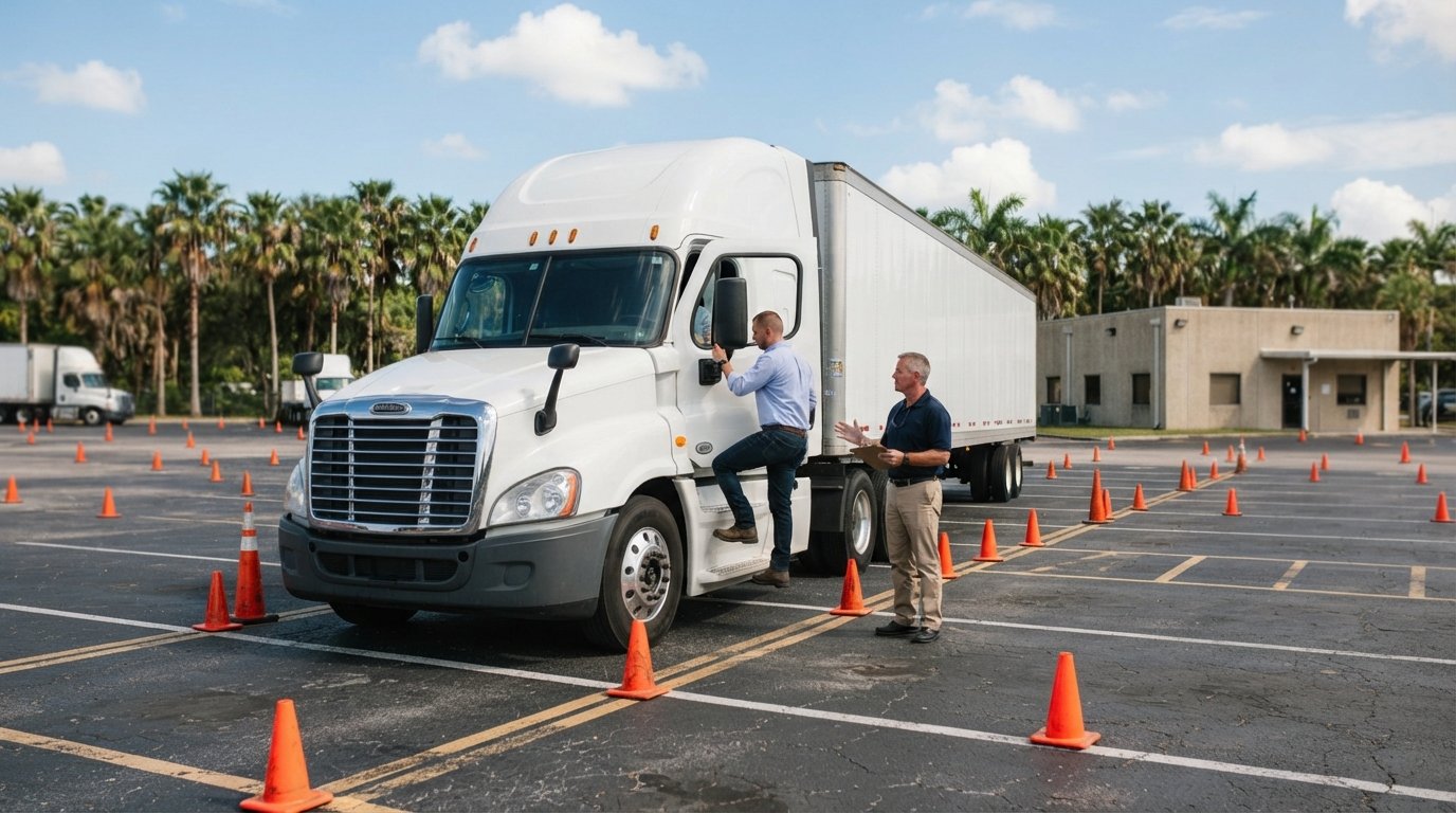 Instructor in navy polo coaching a student climbing into a white semi-truck cab beside orange cones on a sunny training lot…