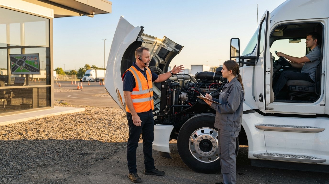 Instructor in orange vest points to open engine of semi-truck while student in gray uniform takes notes in sunny training…