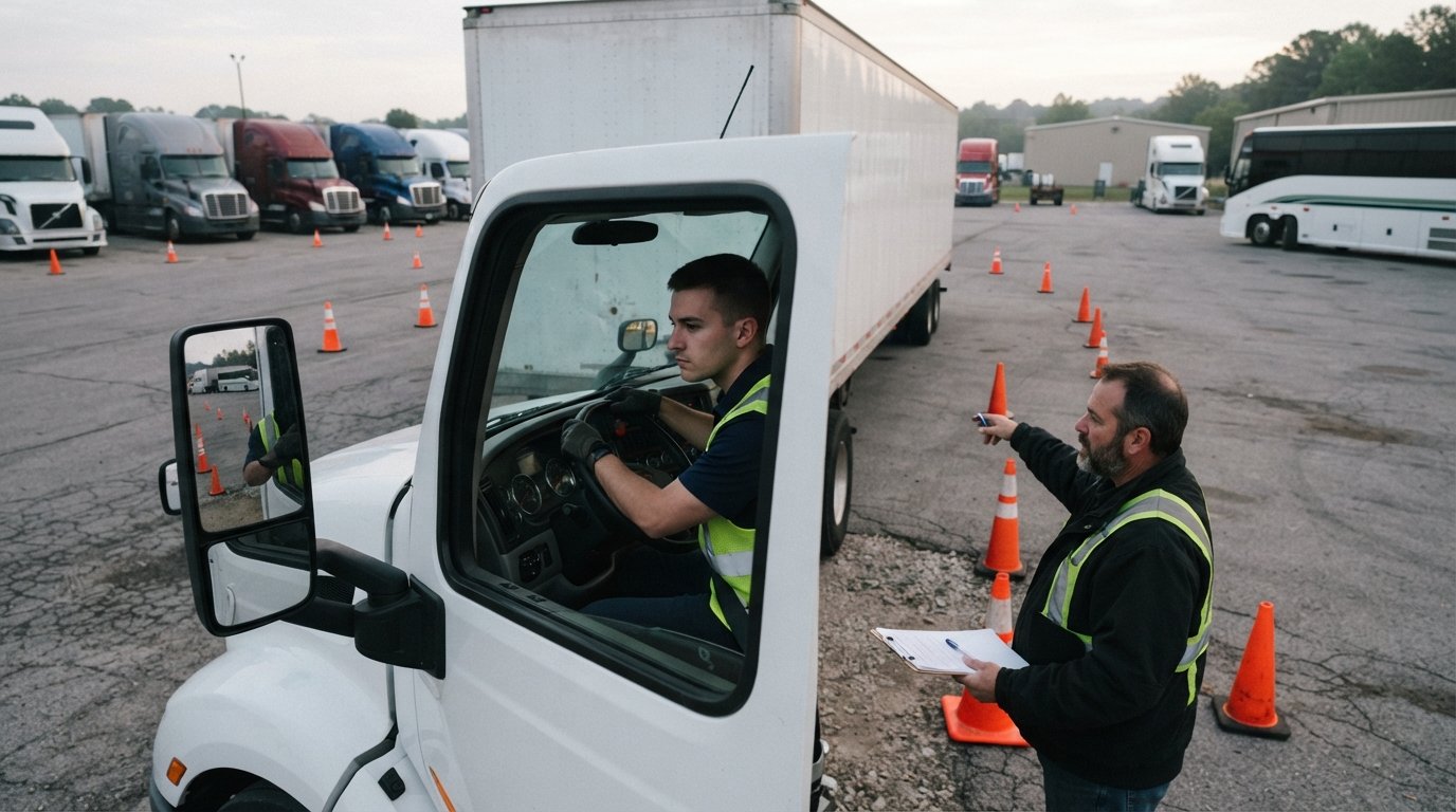 Student in navy polo and safety vest at the wheel of a tractor-trailer, checking mirrors as an instructor with a clipboard…