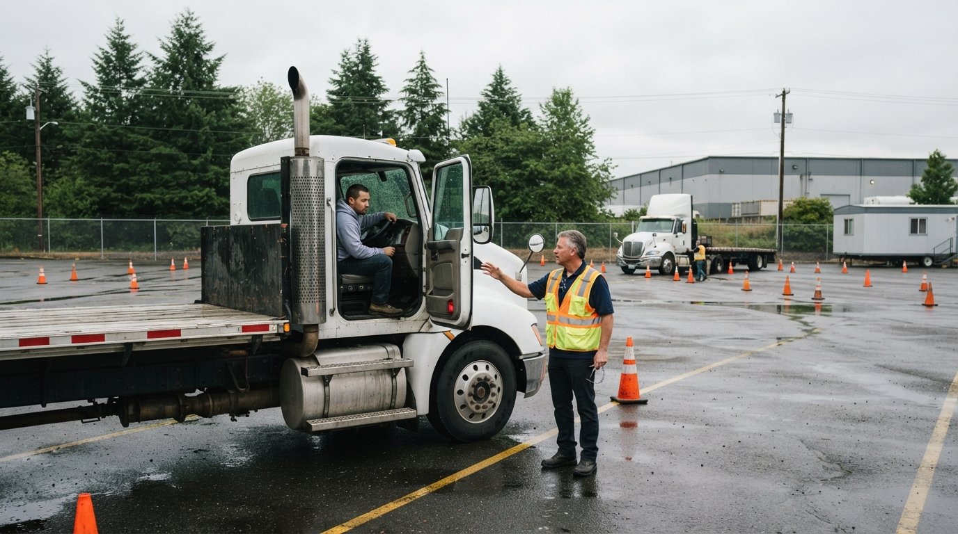 Instructor in safety vest coaching a trainee at the wheel of a white semi-truck in a wet Renton training yard