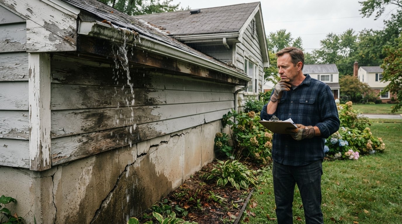 Homeowner in work gloves inspects a clogged, overflowing gutter dripping down fascia and a crack in the concrete foundation…