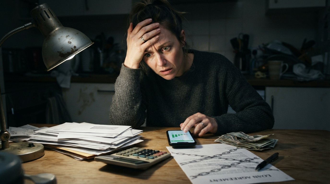Worried person at a kitchen table at night reviewing loan documents, bills, and a calculator under a desk lamp