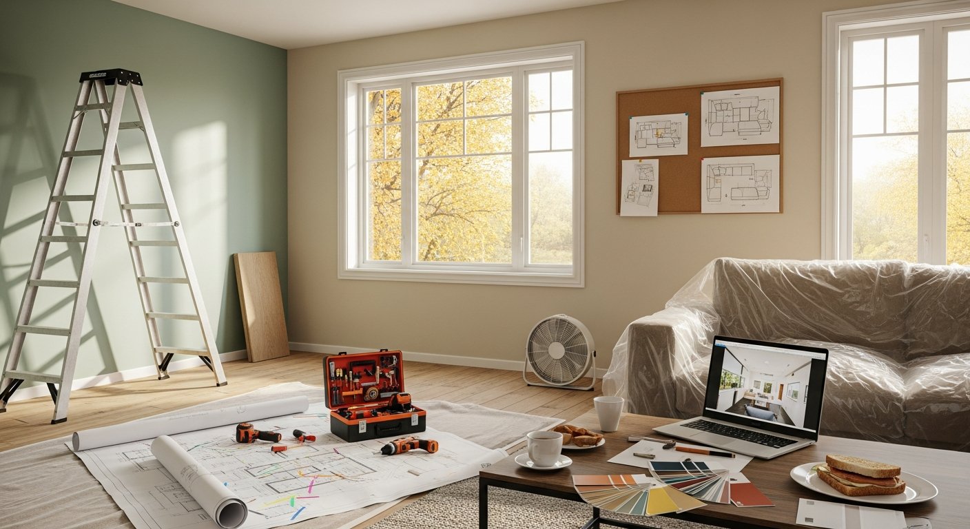 Smiling homeowner shakes hands with a contractor holding a tablet and clipboard in a bright living room under renovation