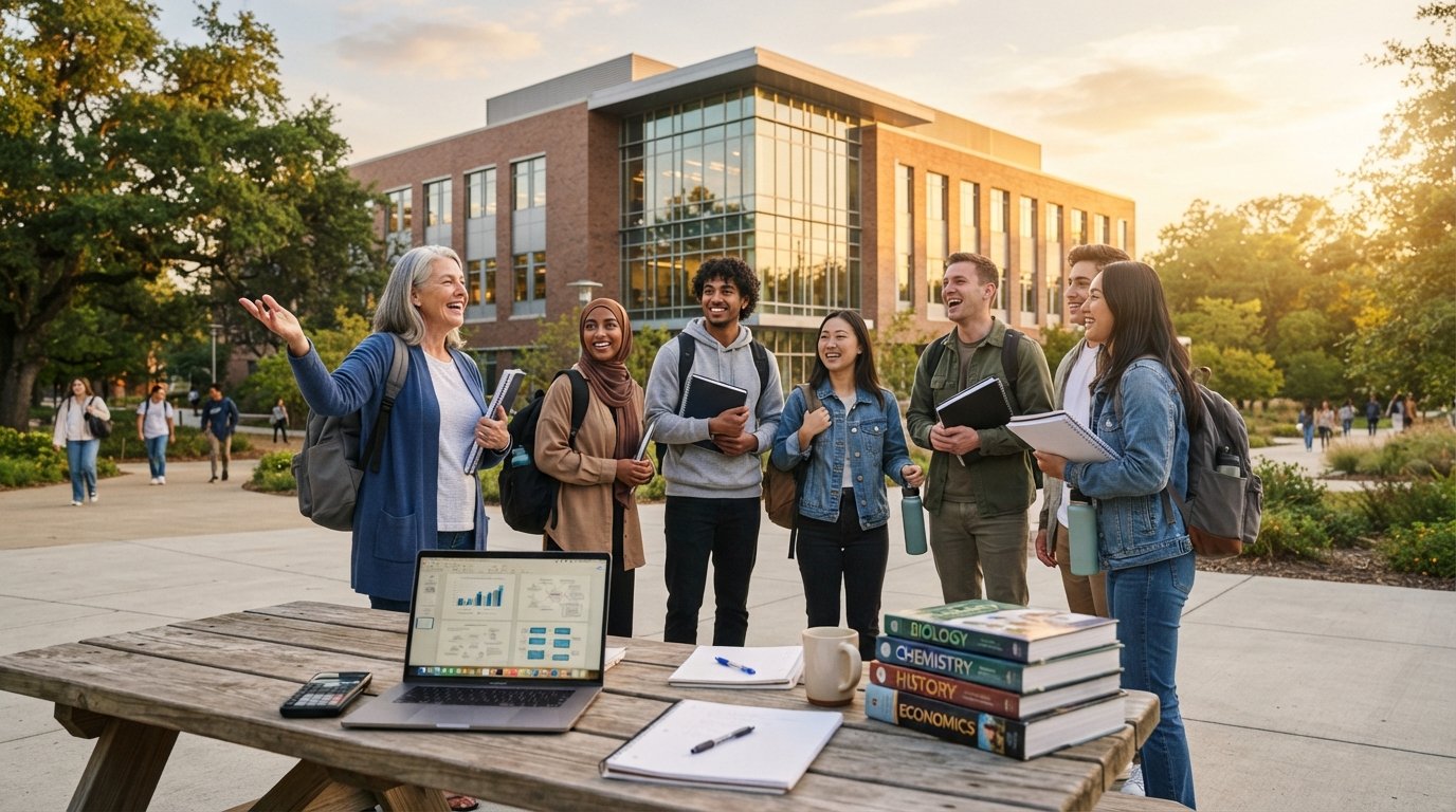 Diverse students with notebooks and backpacks on a sunny community college quad near a brick building with large glass…