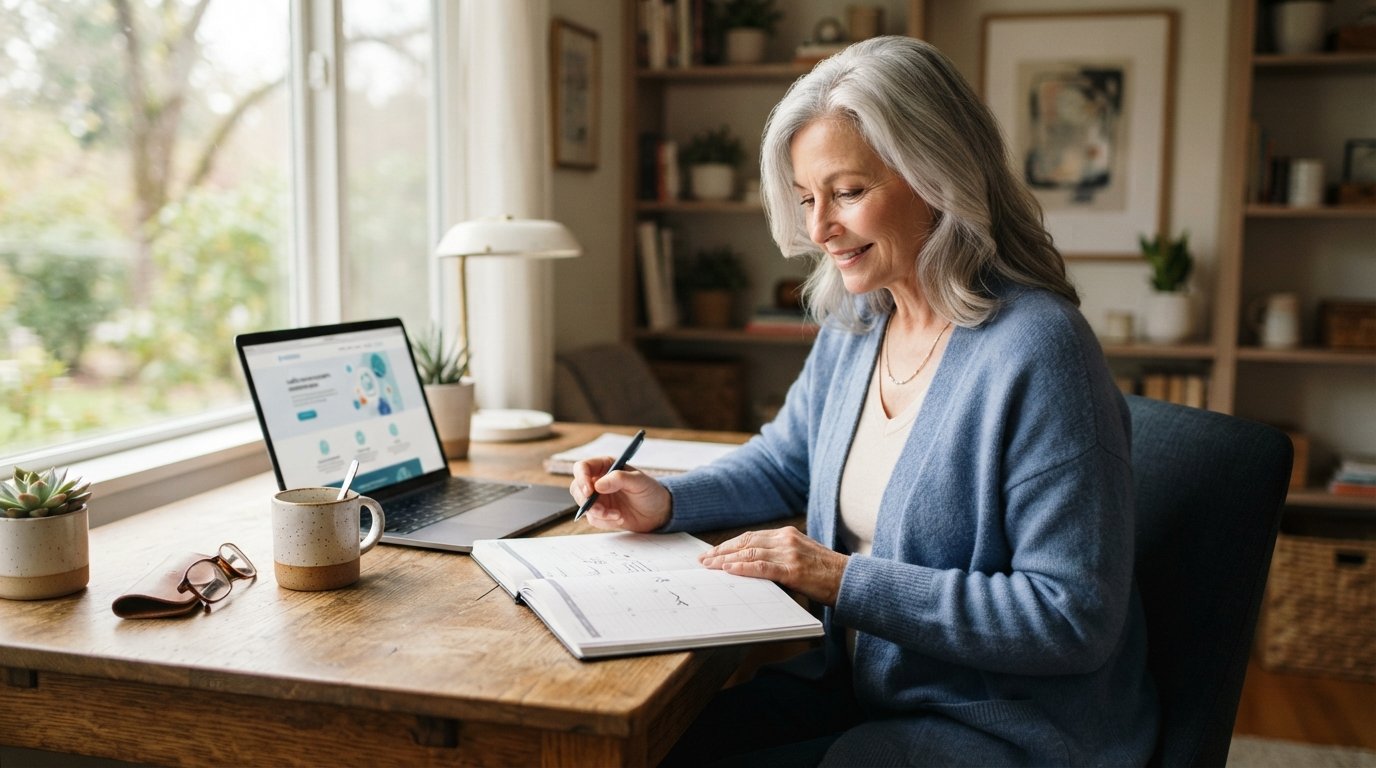 Woman with silver hair in a blue cardigan reviews a calendar planner at a wooden desk beside a laptop and coffee mug