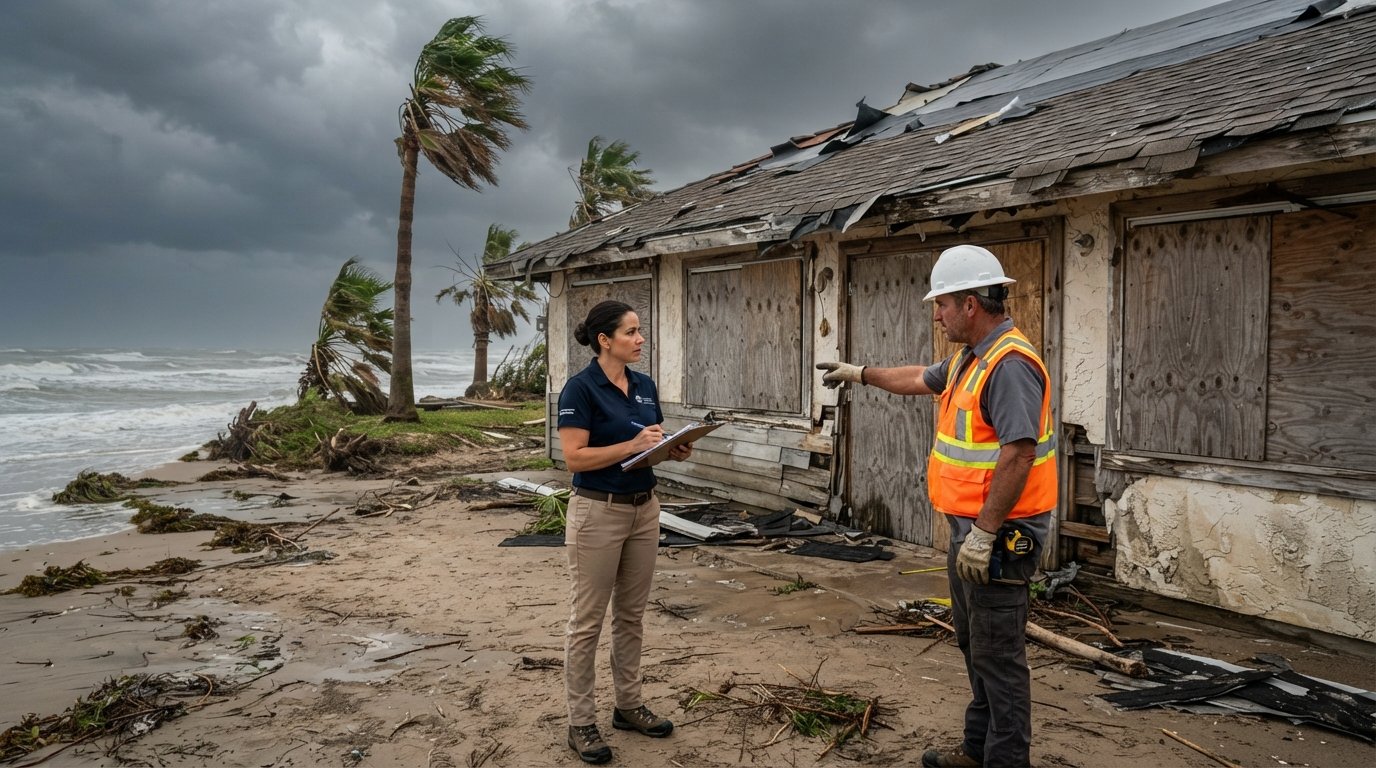 Insurance agent with clipboard and contractor in hard hat inspect a storm-damaged coastal commercial building with boarded…