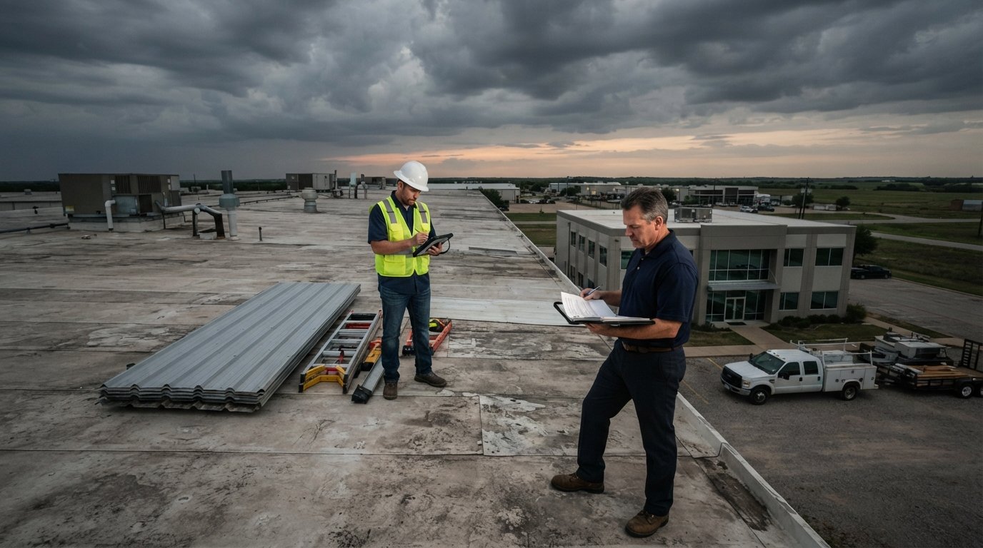 Inspector in hard hat and safety vest assesses wind and hail damage on a Texas commercial warehouse roof at dusk with storm…