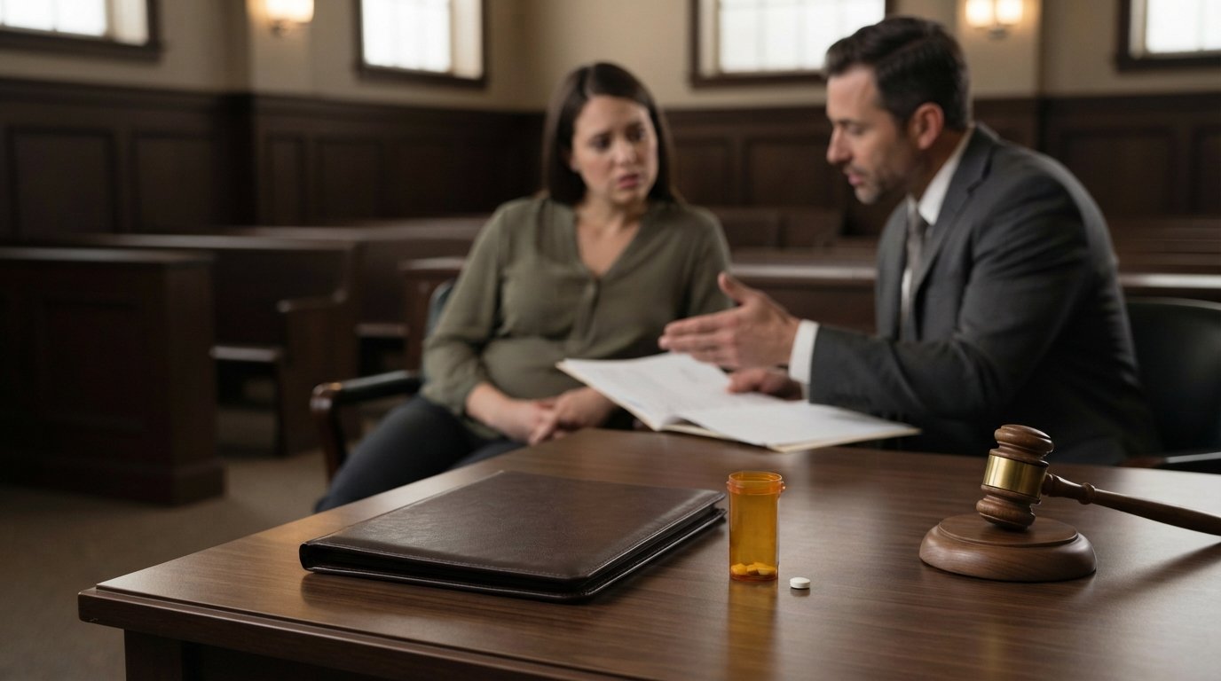 Amber medicine bottle, white pill, legal folder, and gavel on a courtroom desk with a pregnant woman and attorney in the…