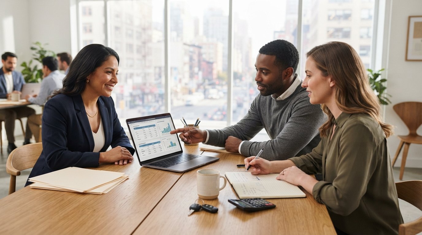 Three adults at a wooden table review refinance options on a laptop, with a notepad, pen, car keys, and coffee cup nearby