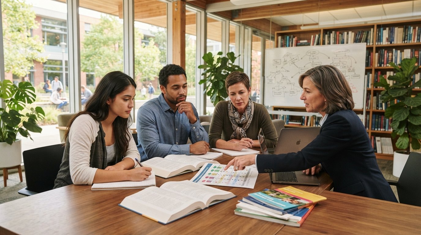 Three adults with an academic advisor at a wooden table with textbooks, a laptop, and course catalogs, reviewing a printed…