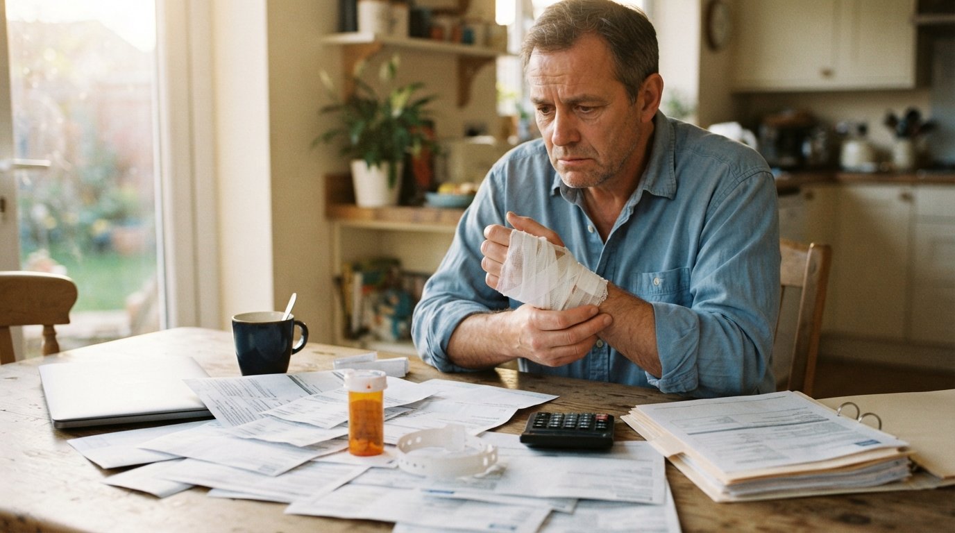 Middle-aged man with a bandaged wrist sitting at a kitchen table covered in medical bills, a prescription bottle, and…