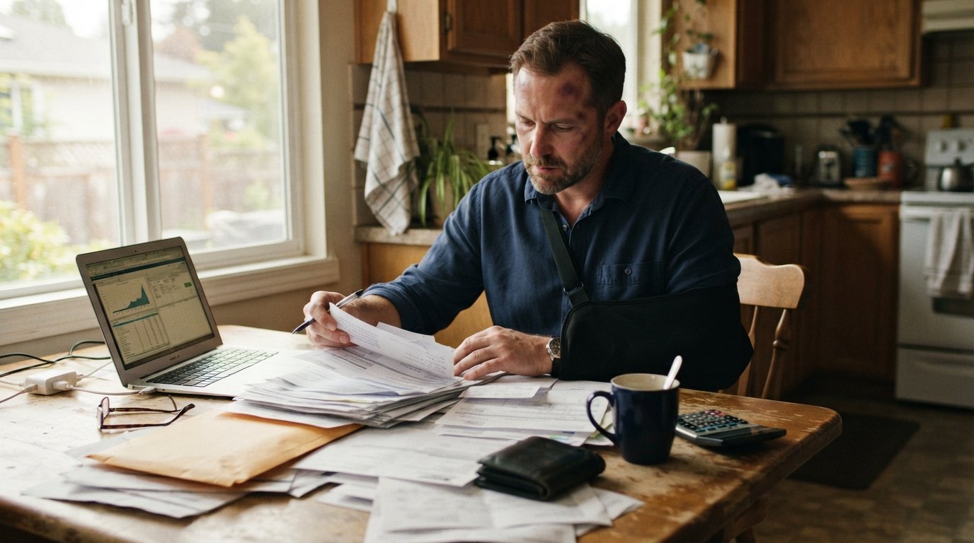 Man with arm in a sling and a bruise on his forehead sits at a kitchen table covered with medical bills, repair estimates,…