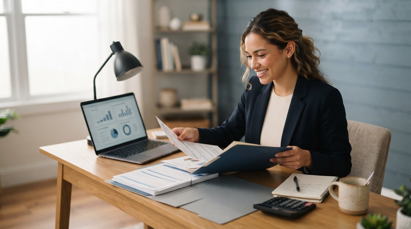 Student in casual business attire at a wooden desk comparing tuition cost estimates on a laptop beside financial aid…