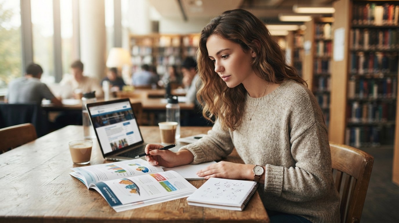 Young adult in a sweater reviews financial aid brochures and printed pages beside a laptop at a library desk, pen and…