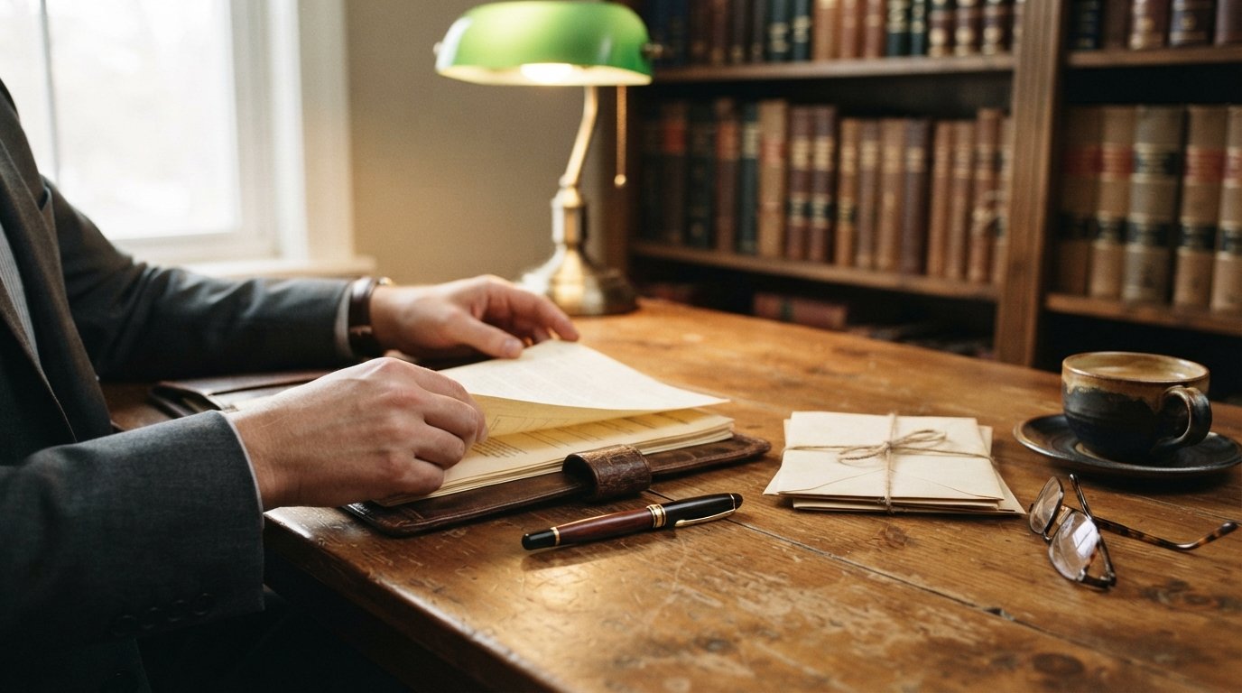 Attorney's hands in a gray suit arranging papers in a leather folder on a wooden desk, with a fountain pen, sealed…