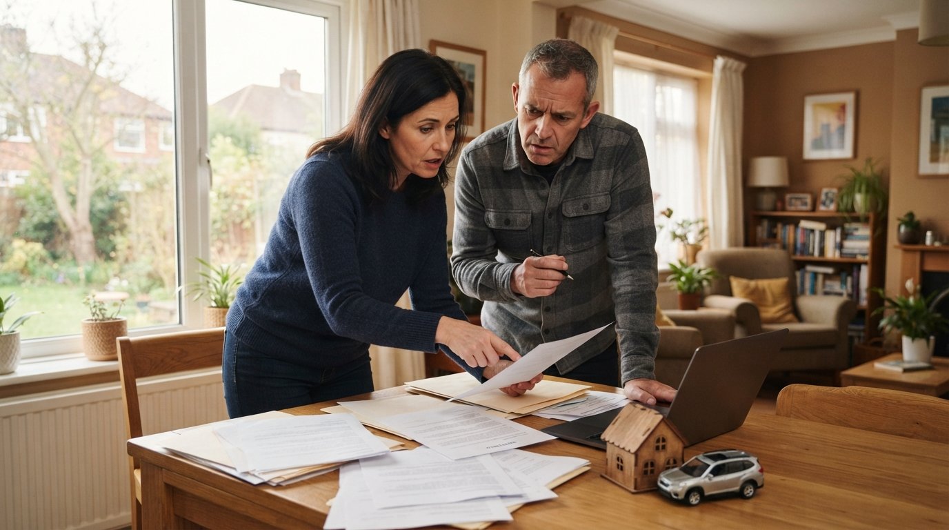 Middle-aged couple in casual clothes reviewing documents at a wooden table with a laptop, house model, and toy car in a…