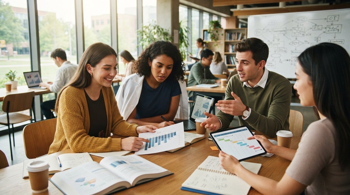 Three diverse college students from different majors collaborate around a table, reviewing a printed financial chart and a…