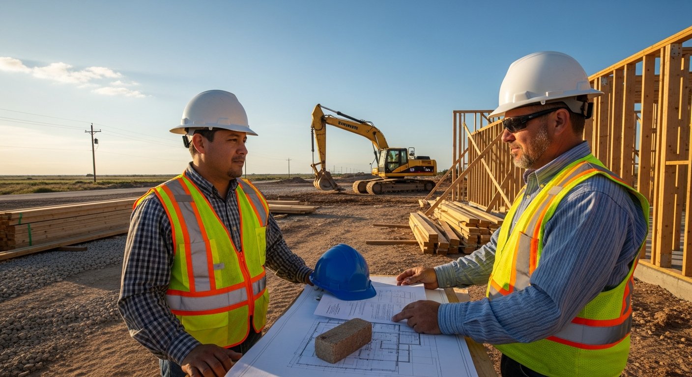 Two contractors in hard hats and safety vests on a sunny construction site, one handing a certificate of insurance to the…