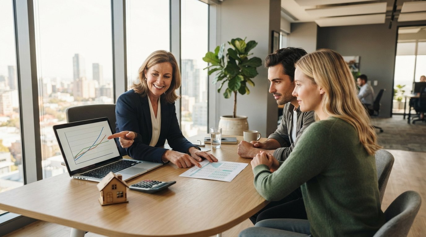Mortgage advisor in navy blazer pointing at a rising rate curve on a laptop while a couple reviews a printed adjustment…