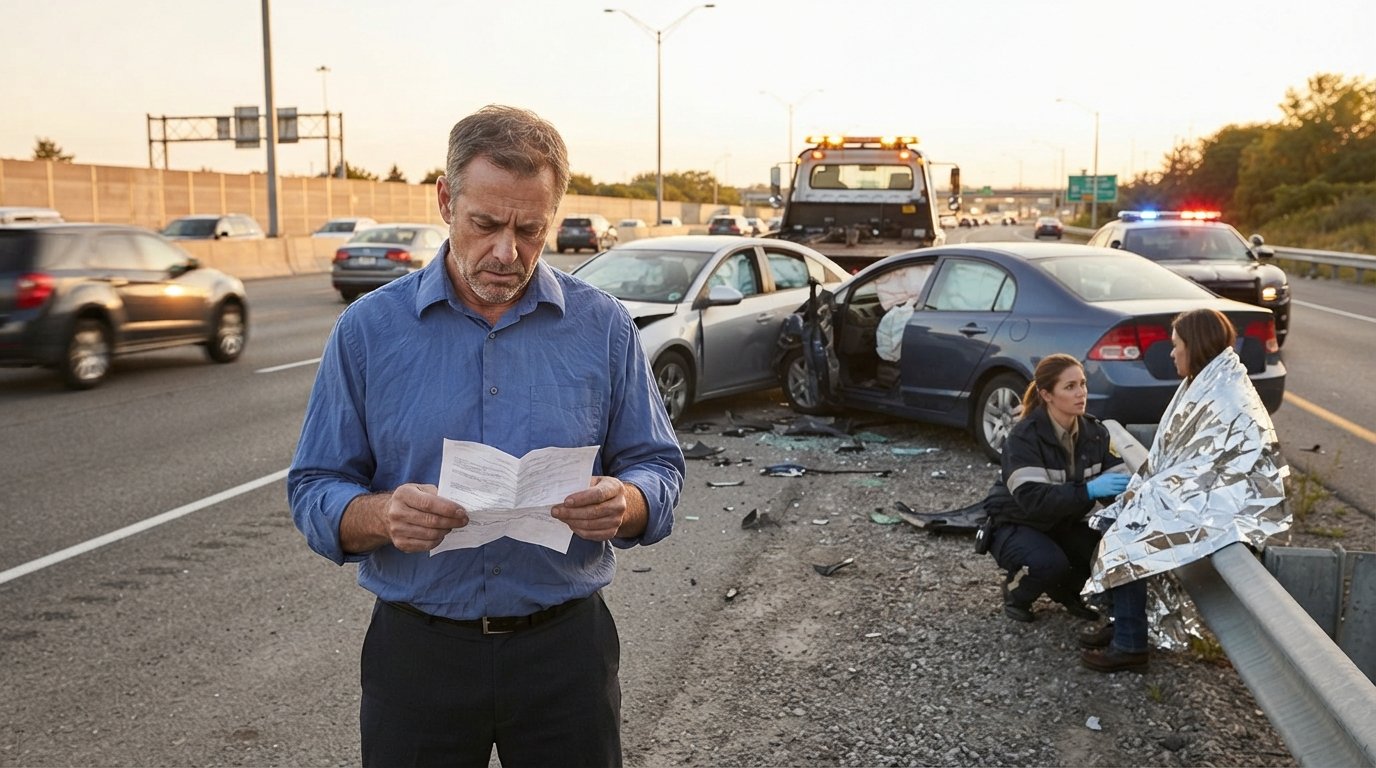 Stressed driver in a blue shirt holds a crumpled insurance declarations page on a highway shoulder beside two damaged…
