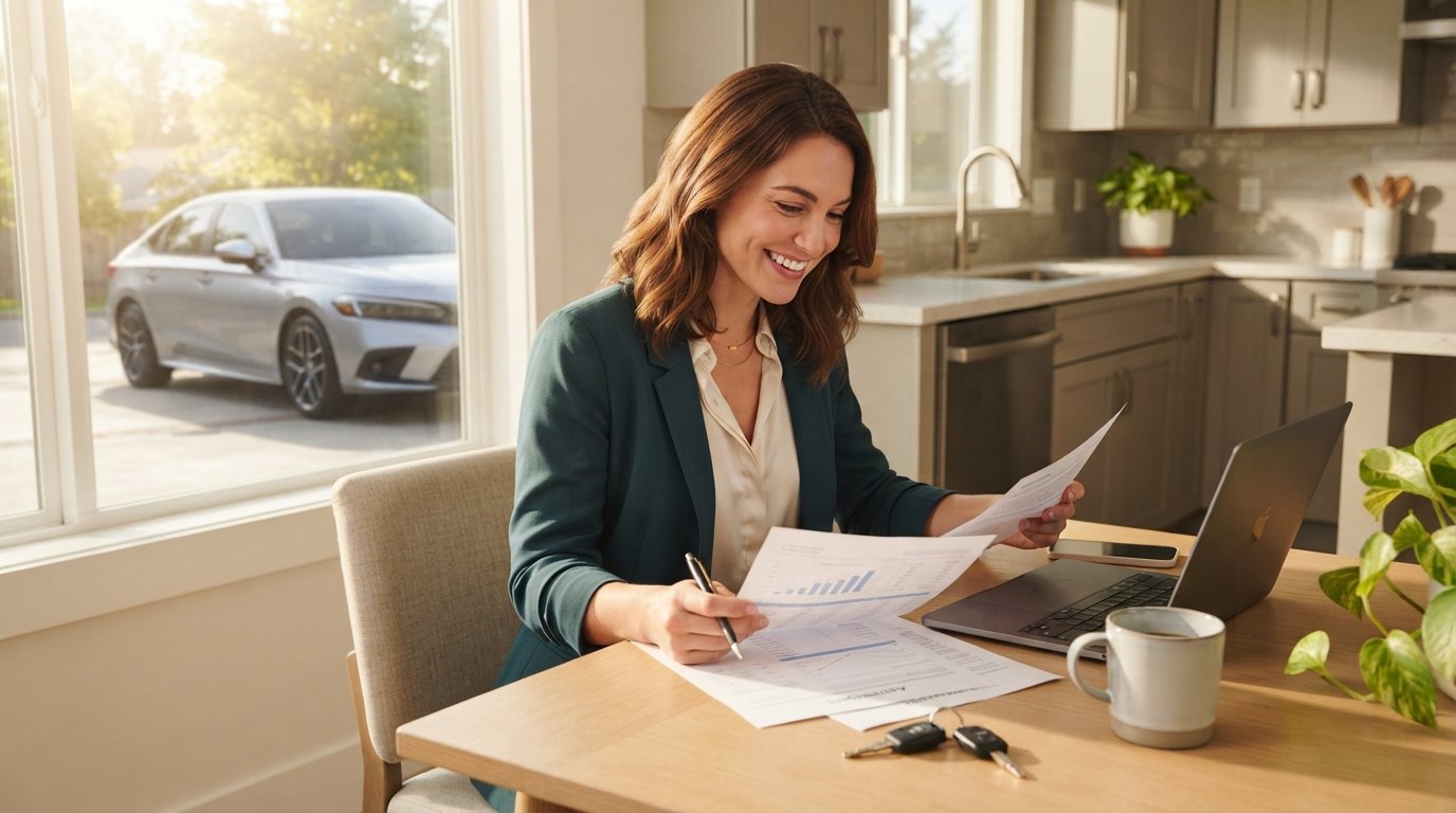 Young adult in casual business attire reviewing a pre-approval letter and financial documents at a kitchen table with a…
