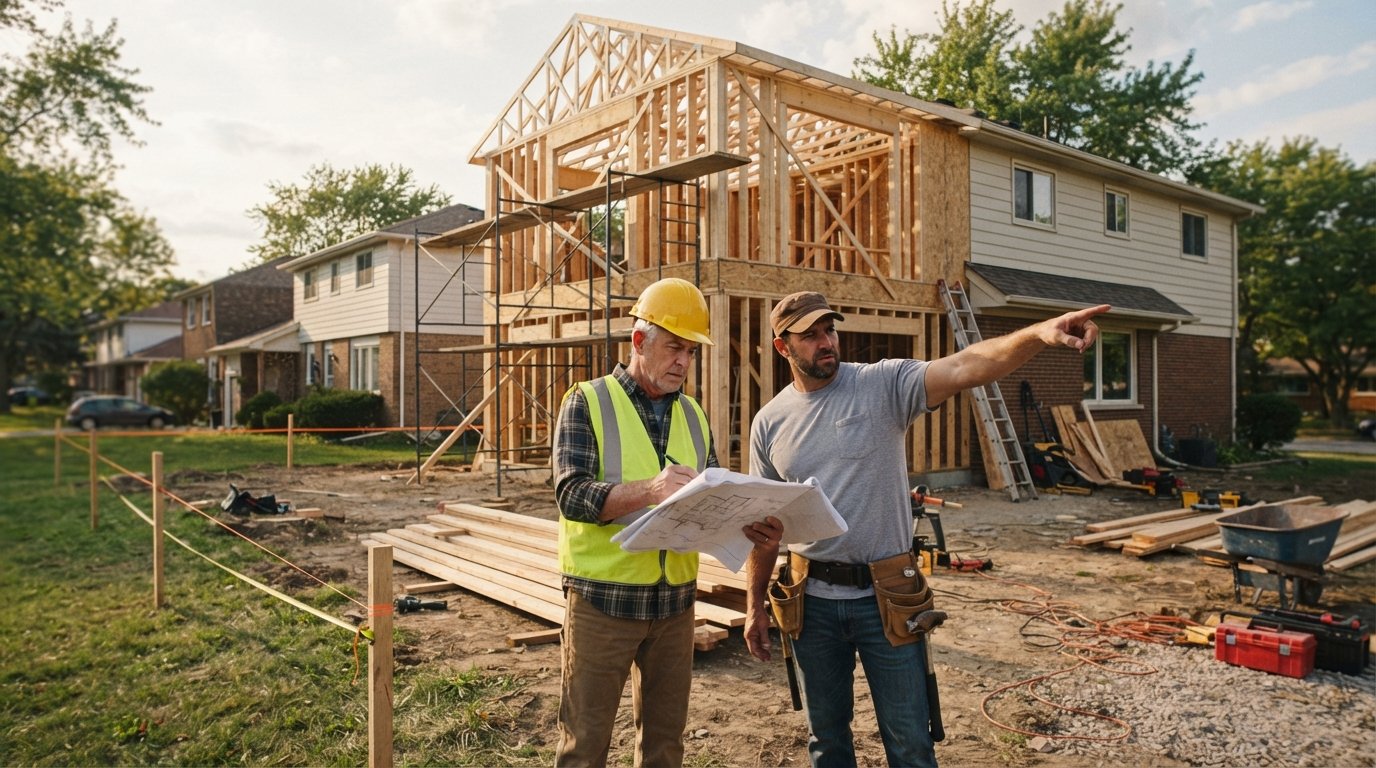 Building inspector in hard hat and safety vest reviews blueprints while a contractor points toward staked property lines at…