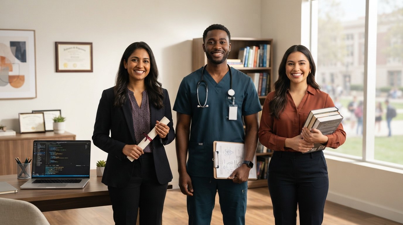 Three adults stand side by side in a career counseling office; one holds a training certificate by a coding laptop, one…