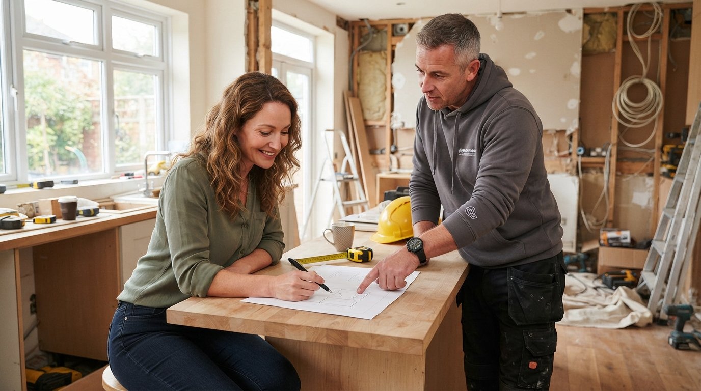 Homeowner holding a pen over a document while a contractor gestures toward it at a kitchen island, with a partially…