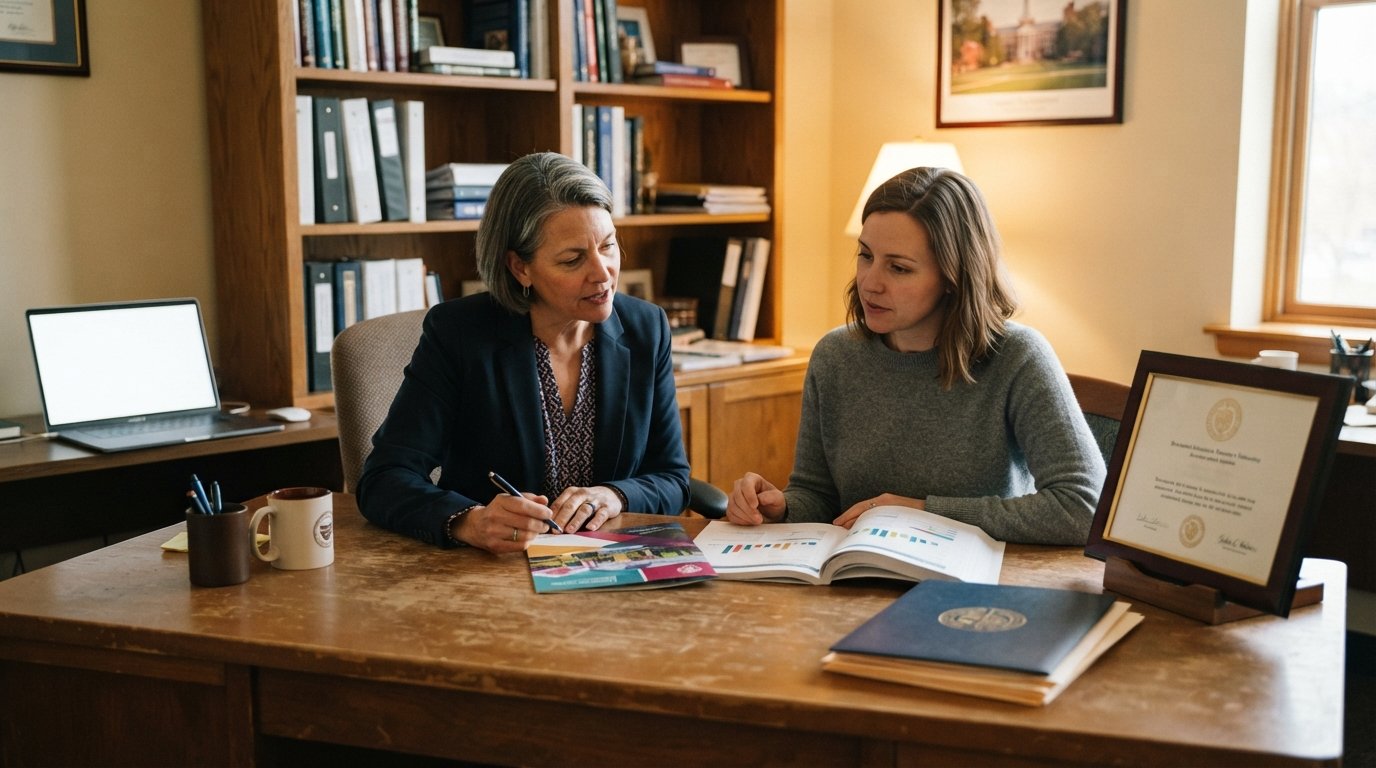 Academic advisor in a navy blazer reviews printed accreditation documents and a university brochure with an adult student…