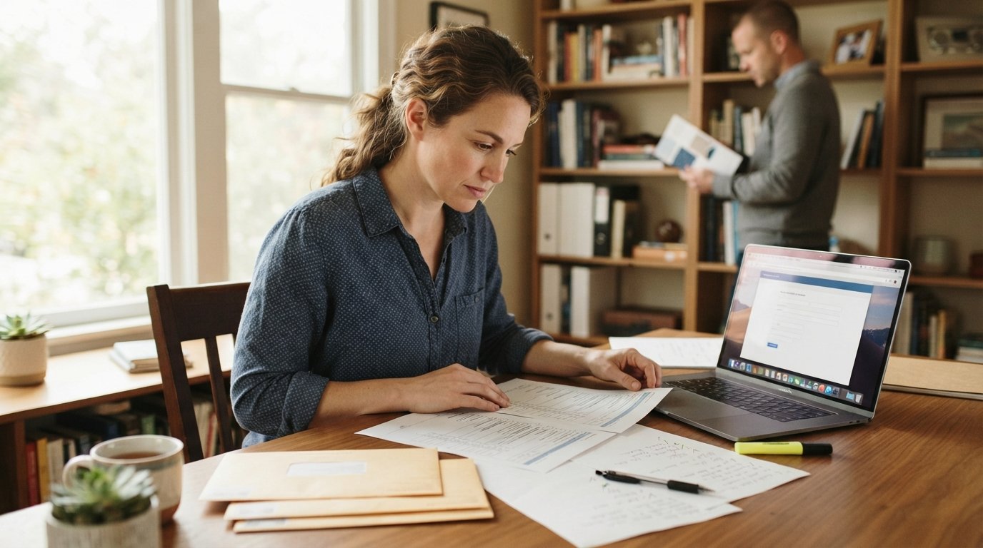 Student in a button-down shirt compares printed checklists beside a laptop at a wooden desk, with a second learner reading…