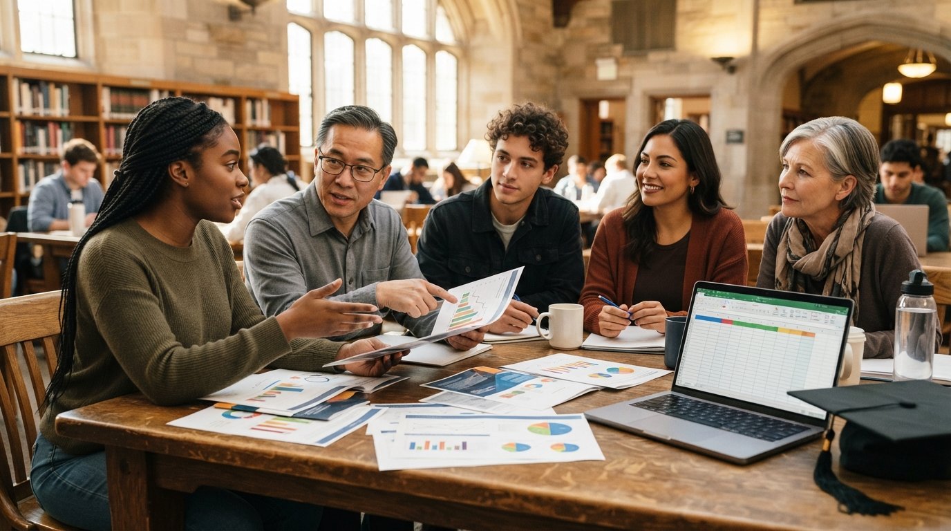 Diverse group seated around a wooden table in a bright library, reviewing printed charts, brochures, and a laptop with a…