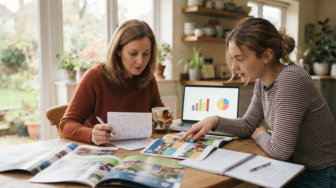 Parent and teen sit at a sunlit kitchen table comparing college brochures, a laptop bar chart, and handwritten notes.