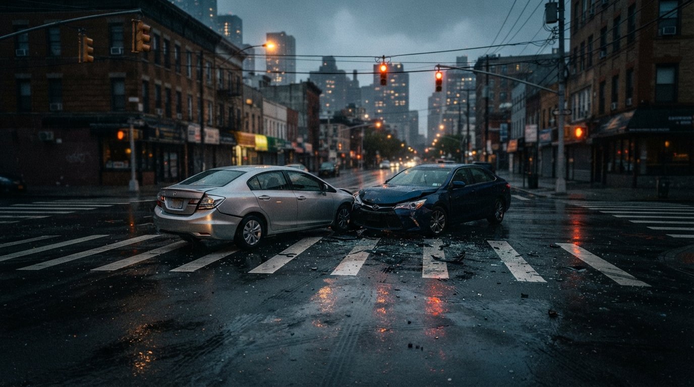 Two damaged sedans at a wet city intersection at dusk, one with a crumpled rear bumper in the crosswalk and another with…