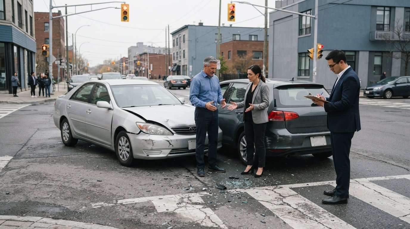 Two drivers beside damaged cars at a crosswalk while a claims adjuster with a clipboard looks on