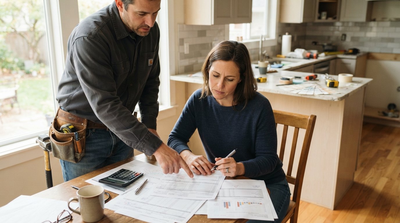 Homeowner and contractor reviewing a detailed written bid together at a kitchen table, with calculator and pen nearby