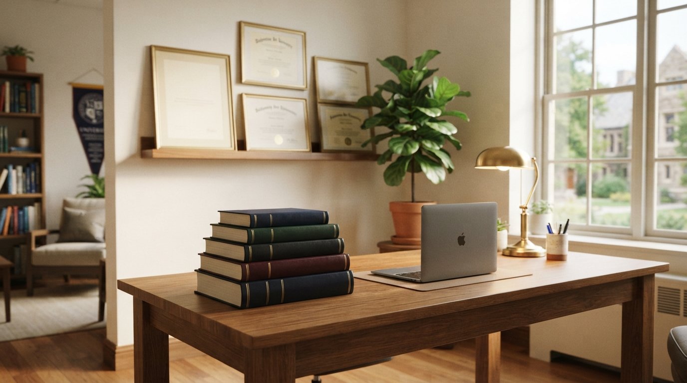 Five hardcover books of increasing thickness on a wooden desk beside a laptop, with five framed blank diplomas on a wall…