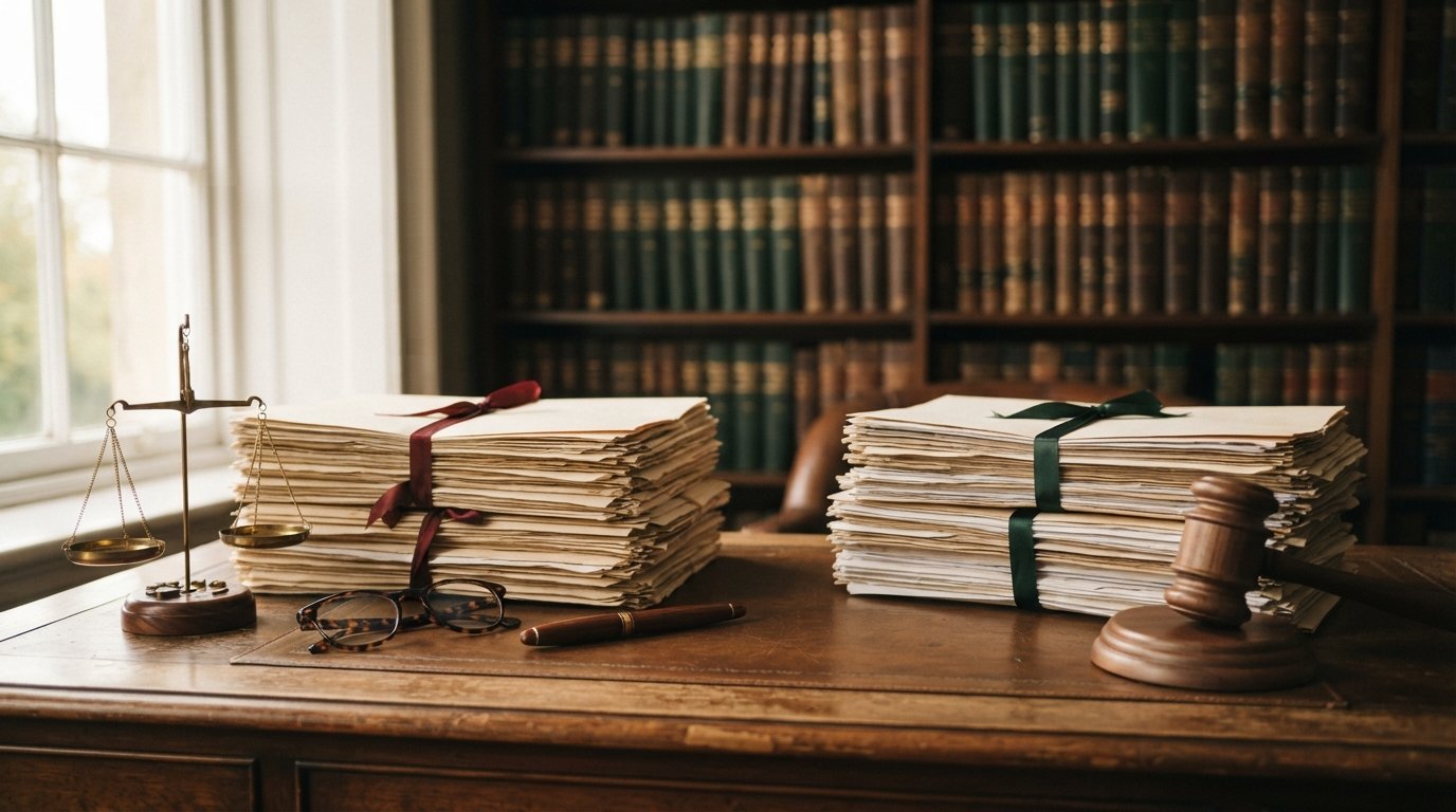 Two stacks of legal documents on a wooden desk, one beside a brass scale and the other beside a gavel, with law books…