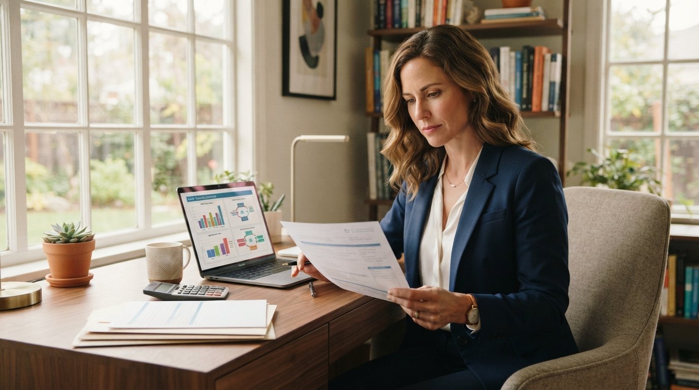 Woman in navy blazer reviewing health insurance documents beside a laptop showing plan comparison charts at a home office…